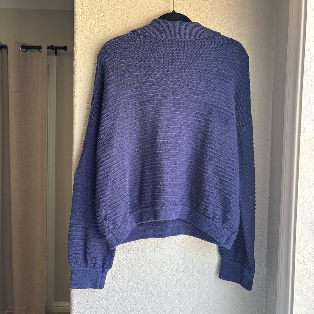 Free People Beach Womens L Sweater Knit Blue V-Neck Polo Collar Textured Boho - Picture 4 of 8
